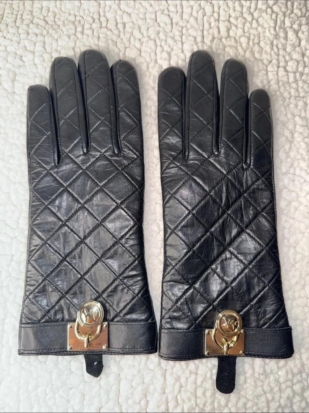 Michael Kors Black Quilted Leather Gloves with Gold Lock Detail